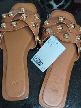 H&M Cognac Slide Sandals with Gold Studs